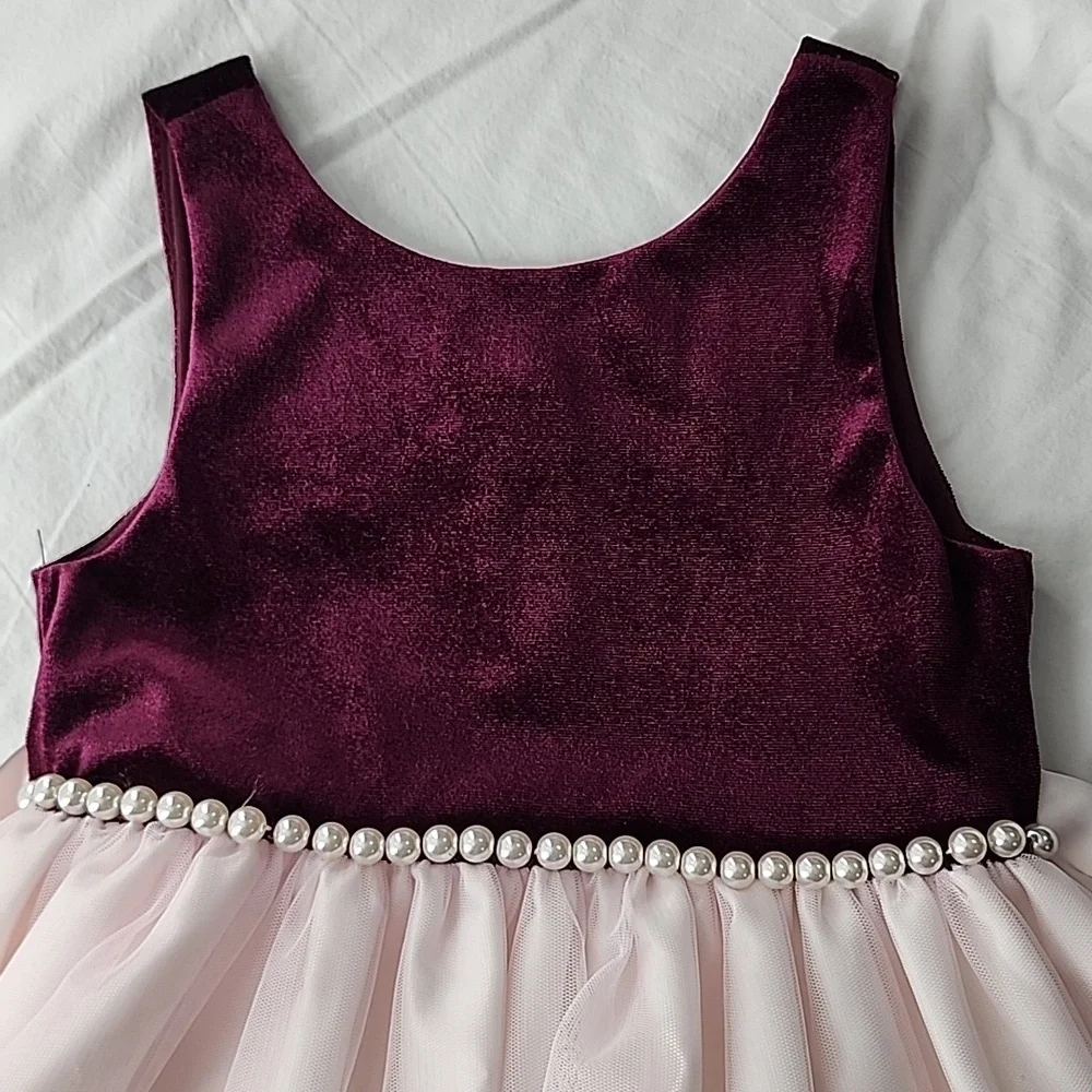 American Princess Pink Tulle Girls Dress Size 6 Burgundy Details‎ Pearl Waist